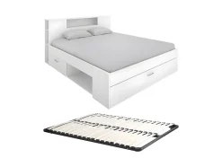 Vente-unique Lit avec tête de lit rangements et tiroirs - 160 x 200 cm - Coloris : Blanc + Sommier - LEANDRE Hot