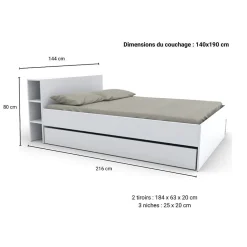 Vente-unique Lit avec tête de lit rangements et tiroirs 140 x 190 cm - Blanc - EUGENE New