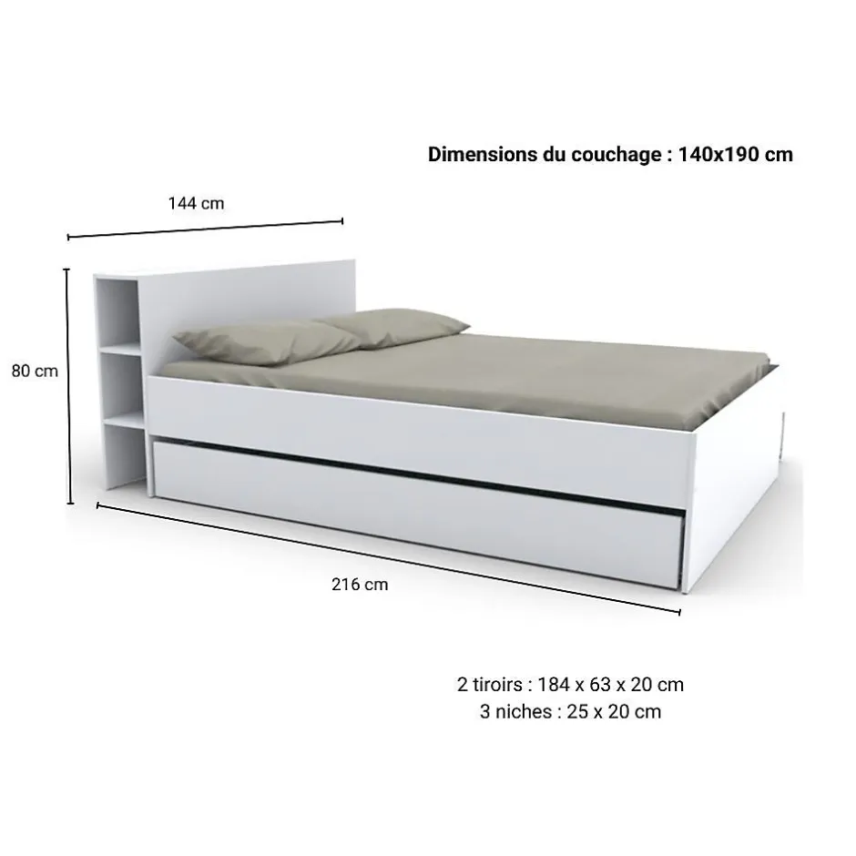 Vente-unique Lit avec tête de lit rangements et tiroirs 140 x 190 cm - Blanc - EUGENE New