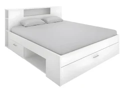 Vente-unique Lit avec tête de lit rangements et tiroirs - 160 x 200cm - Coloris : Blanc - LEANDRE New