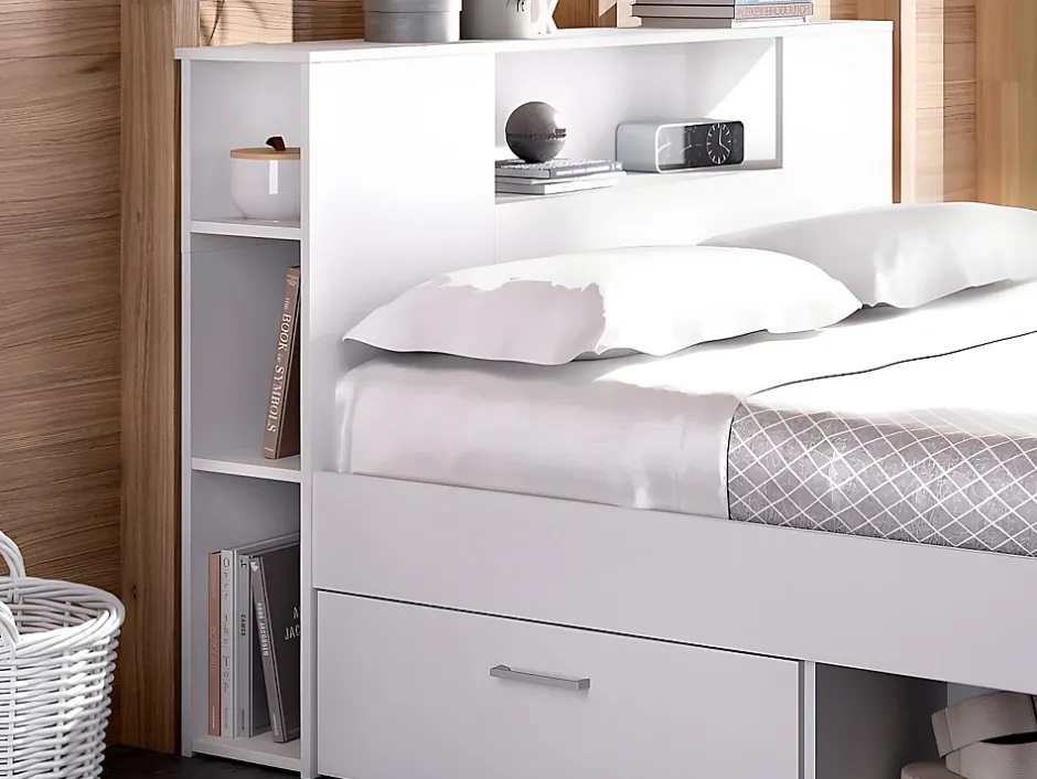 Vente-unique Lit avec tête de lit rangements et tiroirs - 160 x 200cm - Coloris : Blanc - LEANDRE New