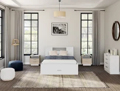 Vente-unique Lit avec tête de lit rangements et tiroirs - 160 x 200cm - Coloris : Blanc - LEANDRE New