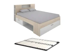 Vente-unique Lit avec tête de lit rangements et tiroirs - 160 x 200 cm - Coloris : Naturel et blanc + Sommier - LEANDRE
