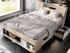 Vente-unique Lit avec tête de lit rangements et tiroirs - 160 x 200 cm - Coloris : Naturel et blanc + Sommier - LEANDRE