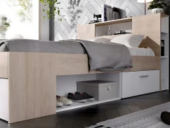 Vente-unique Lit avec tête de lit rangements et tiroirs - 160 x 200 cm - Coloris : Naturel et blanc + Sommier - LEANDRE