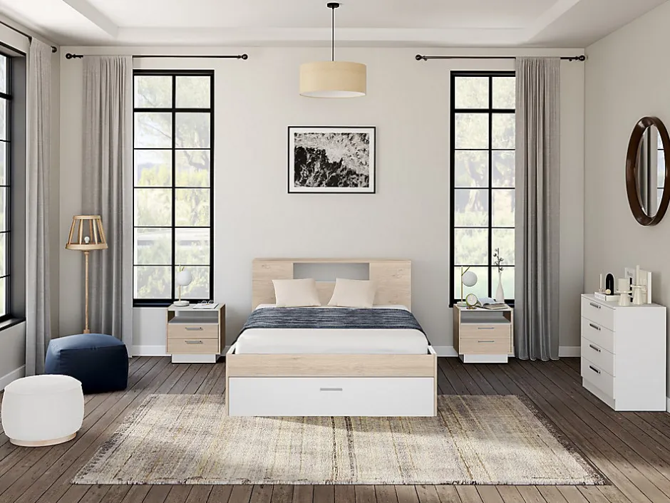 Vente-unique Lit avec tête de lit rangements et tiroirs - 160 x 200 cm - Coloris : Naturel et blanc + Sommier - LEANDRE