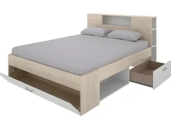 Vente-unique Lit avec tête de lit rangements et tiroirs - 160 x 200 cm - Coloris : Naturel et blanc + Sommier - LEANDRE