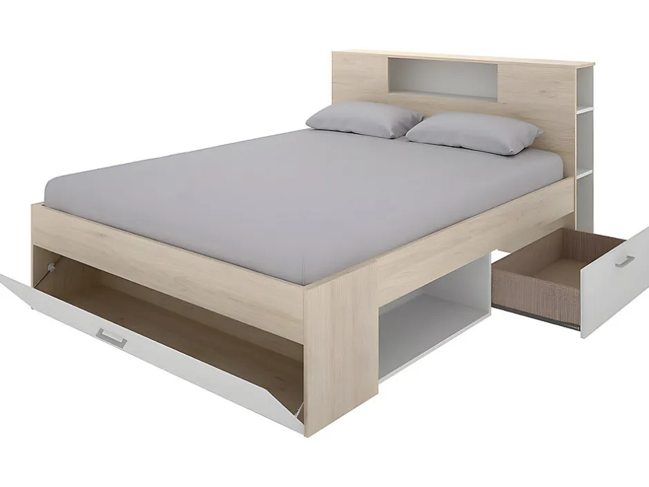 Vente-unique Lit avec tête de lit rangements et tiroirs - 160 x 200 cm - Coloris : Naturel et blanc + Sommier - LEANDRE