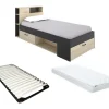 Vente-unique Lit avec tête de lit rangements et tiroir - 90 x 190 cm - Anthracite et naturel + matelas + sommier - LEANDRE