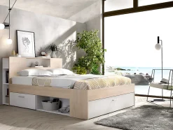 Vente-unique Lit avec tête de lit rangements et tiroirs - 140 x 190 cm - Coloris : Naturel et blanc + Sommier + Matelas - LEANDRE