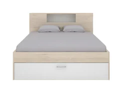 Vente-unique Lit avec tête de lit rangements et tiroirs - 140 x 190 cm - Coloris : Naturel et blanc + Sommier + Matelas - LEANDRE