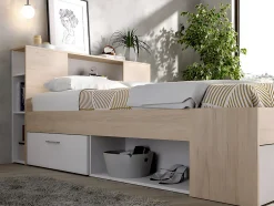 Vente-unique Lit avec tête de lit rangements et tiroirs - 140 x 190 cm - Coloris : Naturel et blanc + Sommier + Matelas - LEANDRE
