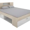Vente-unique Lit avec tête de lit rangements et tiroirs - 140 x 190 cm - Coloris : Naturel et blanc - LEANDRE