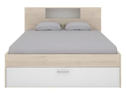 Vente-unique Lit avec tête de lit rangements et tiroirs - 140 x 190 cm - Coloris : Naturel et blanc - LEANDRE