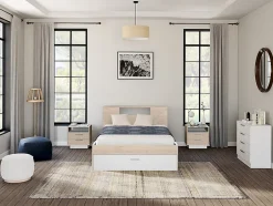 Vente-unique Lit avec tête de lit rangements et tiroirs - 140 x 190 cm - Coloris : Naturel et blanc - LEANDRE