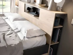 Vente-unique Lit avec tête de lit rangements et tiroirs - 140 x 190 cm - Coloris : Naturel et anthracite + Sommier + Matelas - LEANDRE Sale