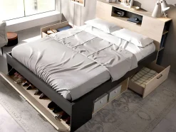 Vente-unique Lit avec tête de lit rangements et tiroirs - 140 x 190 cm - Coloris : Naturel et anthracite + Sommier + Matelas - LEANDRE Sale