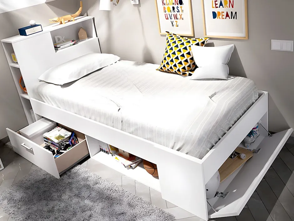 Vente-unique Lit avec tête de lit rangements et tiroir - 90 x 190 cm - Blanc - LEANDRE New
