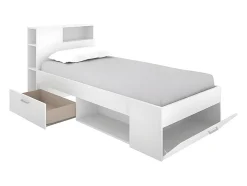 Vente-unique Lit avec tête de lit rangements et tiroir - 90 x 190 cm - Blanc - LEANDRE New
