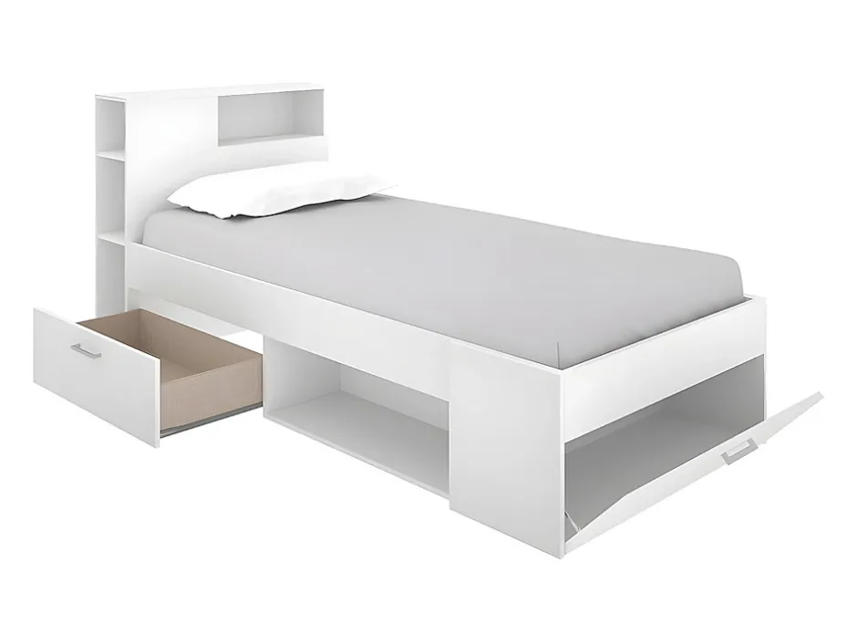 Vente-unique Lit avec tête de lit rangements et tiroir - 90 x 190 cm - Blanc - LEANDRE New