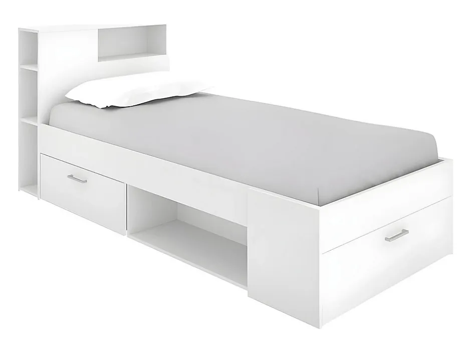 Vente-unique Lit avec tête de lit rangements et tiroir - 90 x 190 cm - Blanc - LEANDRE New