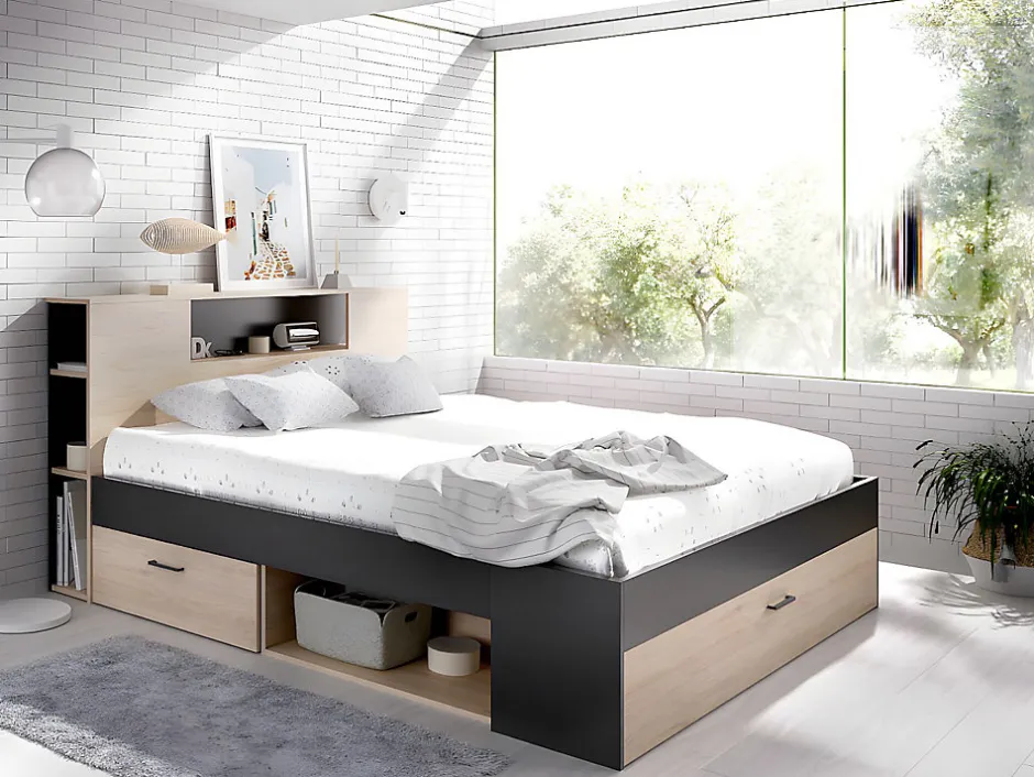 Vente-unique Lit avec tête de lit rangements et tiroir - 90 x 190 cm - Blanc - LEANDRE New