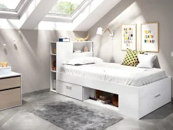 Vente-unique Lit avec tête de lit rangements et tiroir - 90 x 190 cm - Blanc - LEANDRE New