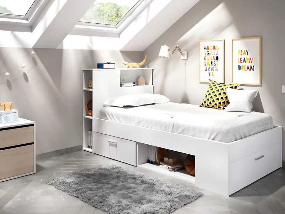 Vente-unique Lit avec tête de lit rangements et tiroir - 90 x 190 cm - Blanc - LEANDRE New