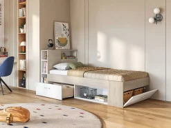 Vente-unique Lit avec tête de lit rangements et tiroir - 90 x 190 cm - Blanc et Naturel - LEANDRE