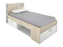Vente-unique Lit avec tête de lit rangements et tiroir - 90 x 190 cm - Blanc et Naturel - LEANDRE