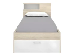 Vente-unique Lit avec tête de lit rangements et tiroir - 90 x 190 cm - Blanc et Naturel - LEANDRE