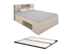 Vente-unique Lit avec tête de lit rangements et tiroirs - 140 x 190 cm - Coloris : Naturel + Sommier - LEANDRE