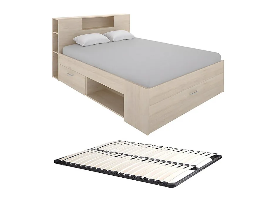 Vente-unique Lit avec tête de lit rangements et tiroirs - 140 x 190 cm - Coloris : Naturel + Sommier - LEANDRE
