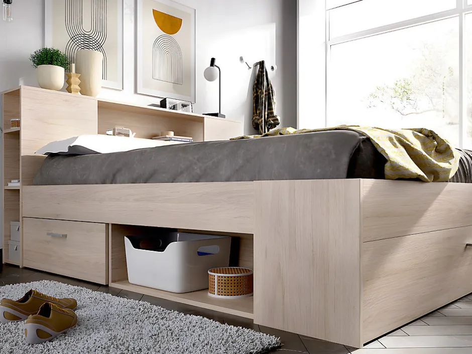 Vente-unique Lit avec tête de lit rangements et tiroirs - 140 x 190 cm - Coloris : Naturel + Sommier - LEANDRE
