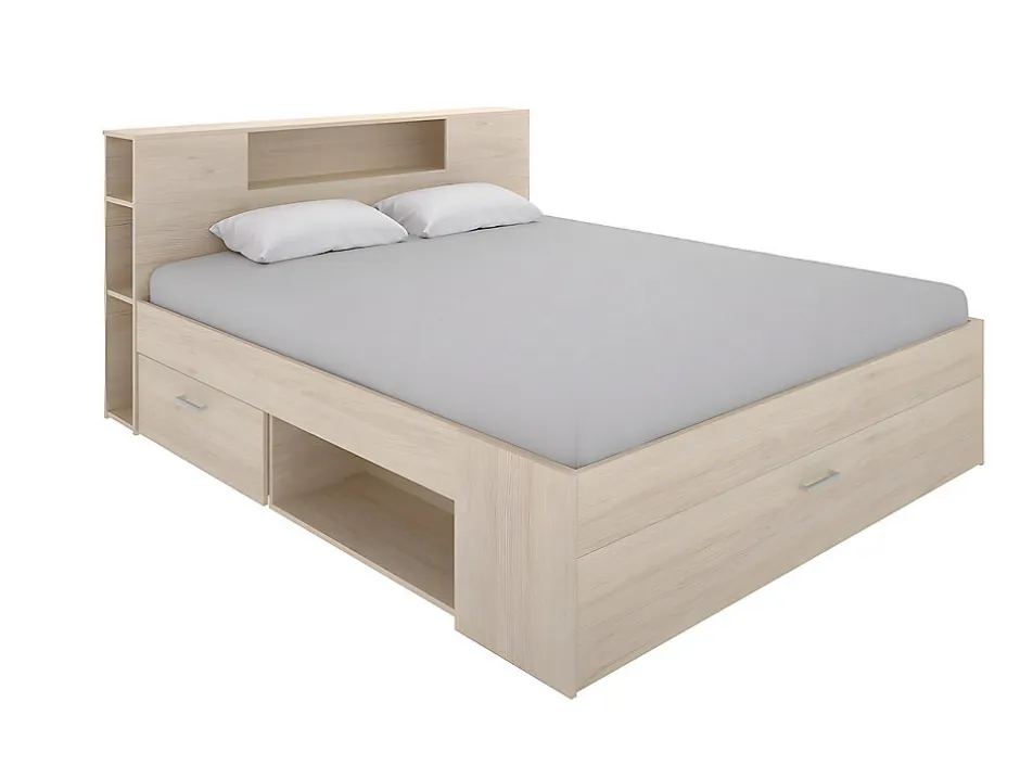 Vente-unique Lit avec tête de lit rangements et tiroirs - 140 x 190 cm - Coloris : Naturel + Sommier - LEANDRE