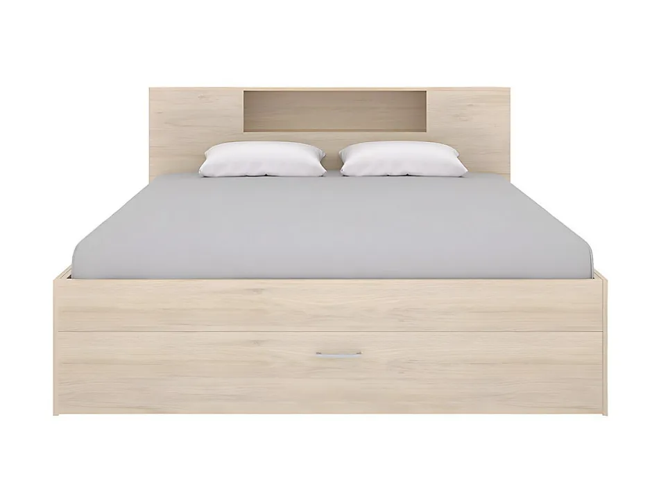 Vente-unique Lit avec tête de lit rangements et tiroirs - 140 x 190 cm - Coloris : Naturel + Sommier - LEANDRE