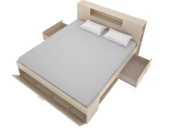 Vente-unique Lit avec tête de lit rangements et tiroirs - 140 x 190 cm - Coloris : Naturel + Sommier - LEANDRE