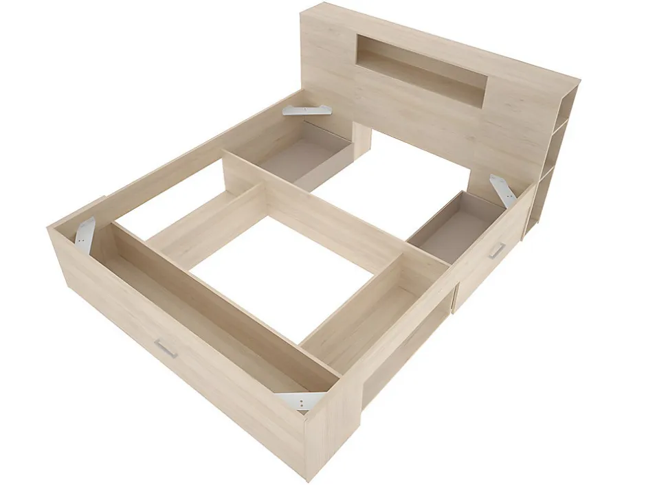 Vente-unique Lit avec tête de lit rangements et tiroirs - 140 x 190 cm - Coloris : Naturel + Sommier - LEANDRE