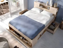 Vente-unique Lit avec tête de lit rangements et tiroirs - 160 x 200 cm - Coloris : Naturel - LEANDRE Hot