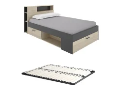 Vente-unique Lit avec tête de lit rangements et tiroirs - 120 x 190cm - Coloris : Naturel et anthracite + Sommier - LEANDRE