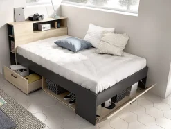 Vente-unique Lit avec tête de lit rangements et tiroirs - 120 x 190cm - Coloris : Naturel et anthracite + Sommier - LEANDRE