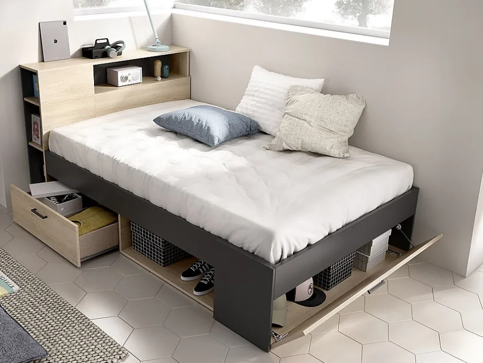 Vente-unique Lit avec tête de lit rangements et tiroirs - 120 x 190cm - Coloris : Naturel et anthracite + Sommier - LEANDRE