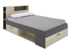 Vente-unique Lit avec tête de lit rangements et tiroirs - 120 x 190cm - Coloris : Naturel et anthracite + Sommier - LEANDRE