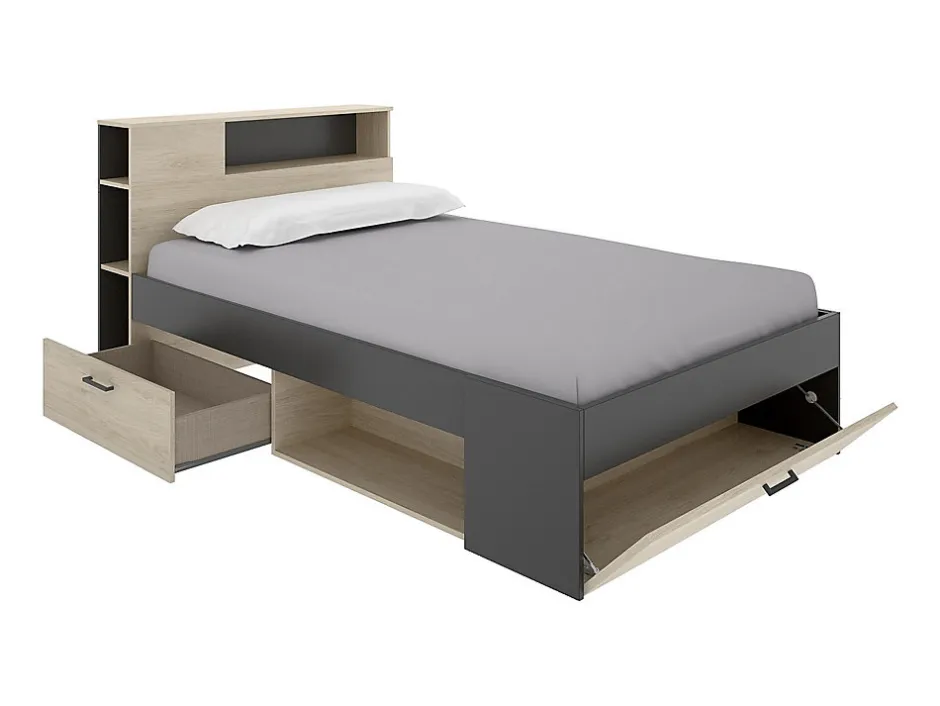 Vente-unique Lit avec tête de lit rangements et tiroirs - 120 x 190cm - Coloris : Naturel et anthracite + Sommier - LEANDRE