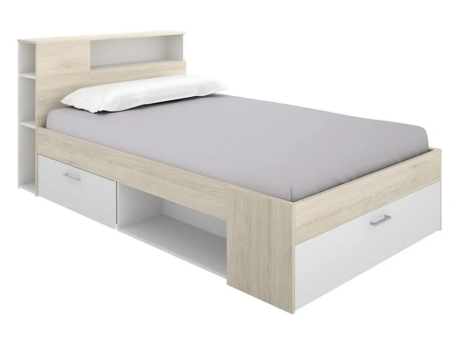 Vente-unique Lit avec tête de lit rangements et tiroir - 120 x 190 cm - Coloris : Naturel et blanc - LEANDRE