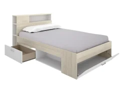 Vente-unique Lit avec tête de lit rangements et tiroir - 120 x 190 cm - Coloris : Naturel et blanc - LEANDRE