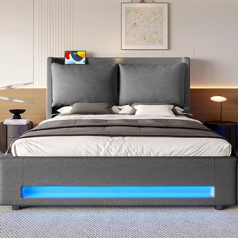 Blackcolors Lit baldaquin velours 140x200 cm, tête de lit élégante, ports USB-C, LED ambiance, rangement - moderne Hot