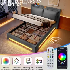Blackcolors Lit baldaquin velours 160x200 cm, tête de lit élégante, ports USB-C, LED ambiance, rangement - moderne