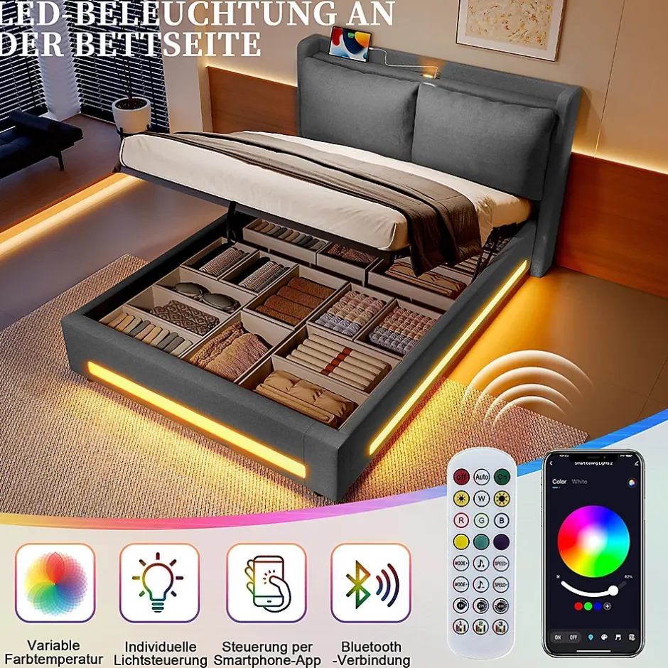 Blackcolors Lit baldaquin velours 140x190 cm, tête de lit élégante, ports USB-C, LED ambiance, rangement - moderne Online