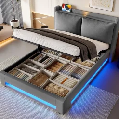Blackcolors Lit baldaquin velours 140x190 cm, tête de lit élégante, ports USB-C, LED ambiance, rangement - moderne Online